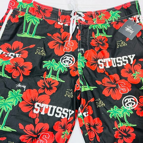 Vintage Stussy Aloha Nylon Shorts Men 34 Black Red Green Rare New With Tags - Picture 2 of 6